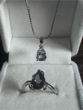 Mystic Topaz Pendant Necklace Set & Ring Stamped 925 JH Size 7